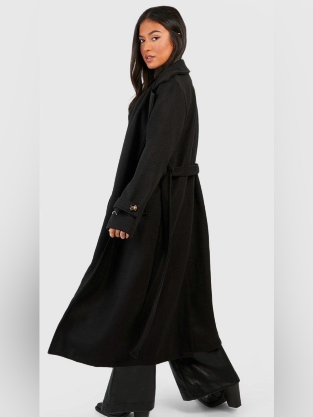 NASTY GAL Black Belted “Wool Look” Trench SIZE 6 NWT - Picture 2 of 12
